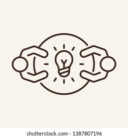 Generating ideas line icon. Employees at meeting table and shining lightbulb. Human resource concept. Vector illustration can be used for topics like brainstorming, startup, innovation