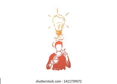 Generating ideas metaphor, man with lightbulb over head. Raised index finger, eureka gesture, new thoughts after coffee break, inspiration, intelligence concept sketch. Hand drawn vector illustration