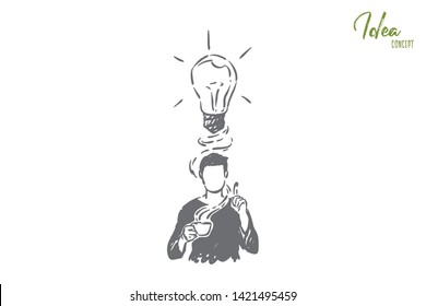 Generating ideas metaphor, man with lightbulb over head. Raised index finger, eureka gesture, new thoughts after coffee break, inspiration, intelligence concept sketch. Hand drawn vector illustration