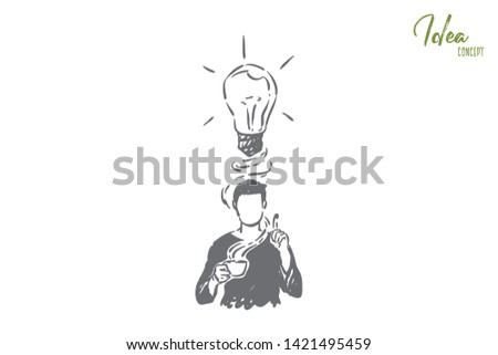 Generating ideas metaphor, man with lightbulb over head. Raised index finger, eureka gesture, new thoughts after coffee break, inspiration, intelligence concept sketch. Hand drawn vector illustration