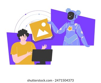 Generating images using a neural network. Trained artificial intelligence helps designers, artists, creative and PR employees in their work. Vector flat illustration.
