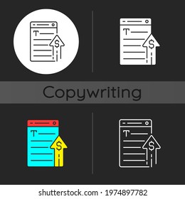 Generating income dark theme icon. Revenue from copywriting services. Freelance work cost. Price of writing text. Linear white, simple glyph and RGB color styles. Isolated vector illustrations