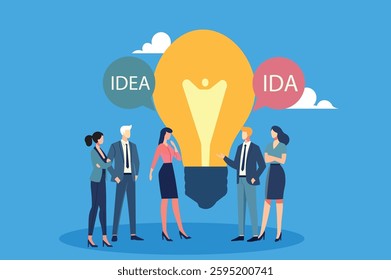 Generating innovative ideas. Business team discussing solutions with lightbulb speech bubbles, symbolizing effective communication and collaborative brainstorming.