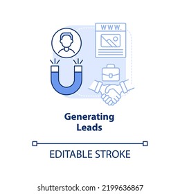 Generating leads light blue concept icon. Websites classification abstract idea thin line illustration. Content strategy. Isolated outline drawing. Editable stroke. Arial, Myriad Pro-Bold fonts used