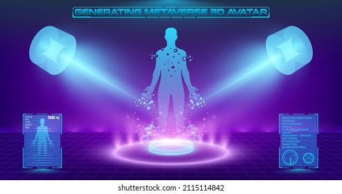 Generating metaverse 3d avatar. Abstract background with avatar creation theme for use in sci-fi and futuristic virtual reality universe.