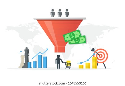 Generating new clients and sales growth flat vector concept. Purchase funnel and lead generation in digital marketing.