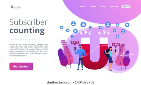Generación de nuevas estrategias publicitarias de clientes potenciales. Apuntando al público objetivo. Atraer seguidores, seguirnos en medios sociales, concepto de conteo de suscriptores. Plantilla de página web de inicio de página de inicio del sitio web.