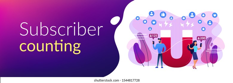 Generating new leads advertising strategy. Aiming at target audience. Attracting followers, follow us on social media, subscriber counting concept. Header or footer banner template with copy space.