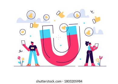 Generating new leads advertising strategy. Aiming at target audience. Attracting followers, follow us on social media, subscriber counting concept. Pink coral blue vector isolated illustration