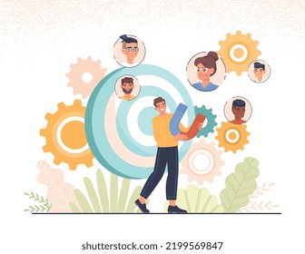 Generating new leads. Man with magnet attracts new customers. Business strategy and development, financial literacy and marketing. Poster or banner for website. Cartoon flat vector illustration