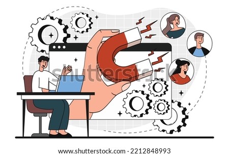 Generating new leads. Man with magnet calls clients and friends. Modern methods of marketing and promotion on Internet. Modern technologies and digital world. Cartoon flat vector illustration
