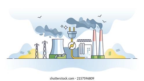 Generación de energía y producción de electricidad con el concepto de esquema de planta de energía. Instalación con turbinas generadoras e ilustración de vectores de humo de carbono. Estación de fábrica con líneas de transformador.