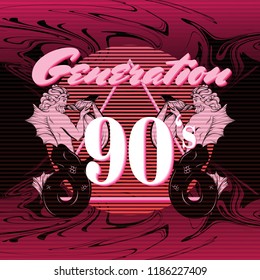 Generation 90's. Vector poster with hand drawn illustration of triron made in vaporwave style. Template for card, banner, print for t-shirt, pin, badge, patch.