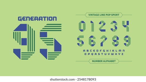 Generación 95: Elegantes números de jersey lineales con una paleta clásica de verde y azul marino. Incluye los dígitos 0–9 y las letras mayúsculas A–Z. Perfecto para diseños vintage de temática deportiva.