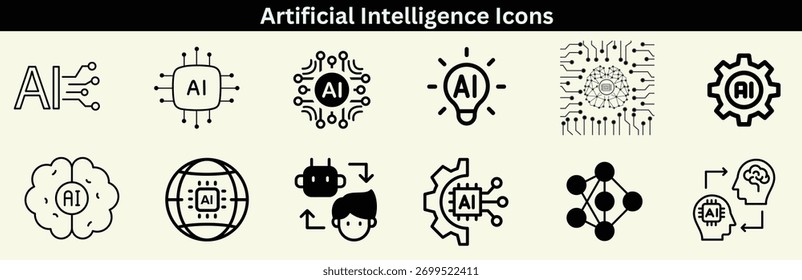 O ícone Geração AI é projetado para gerar texto, imagens, responder a solicitações, aprender padrões, estrutura e inserir dados de treinamento. É um conjunto de ícones de linha de inteligência artificial, incluindo tecnol