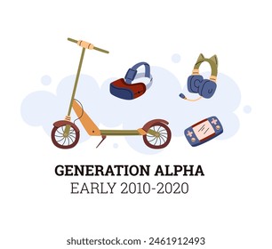 Iconos de Generación Alfa. Juego de Ilustración vectorial: patada scooter, auriculares VR, auriculares inalámbricos, consola de juegos de mano. Aparatos modernos de la infancia.
