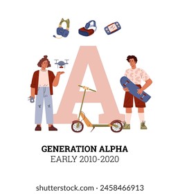 In: Generation Alpha Lifestyle Kollektion. Vektorillustration mit Teenagern mit Gadgets, einem Roller, VR-Headset und Smartphone auf einem spielerischen Hintergrund.