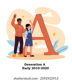 Generation alpha poster. Two kids standing near large A letter. Demography and sociology. Happy children. Infographics and educational materials. Flat vector illustration