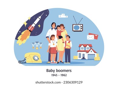 Generation baby boomers composition with characters of family members icons of vintage telephone tv flying rocket vector illustration