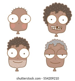 Generation of black face men from infants to seniorson on white background,cute cartoon.