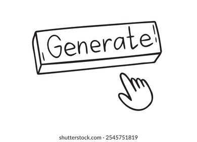 Botón de generación con icono de mano. Dibujo dibujado a mano del doodle del esquema del Botón de la generación. Botón de la generación del contenido usando AI. Botón La herramienta de interfaz de usuario para crear inteligencia artificial. Vector