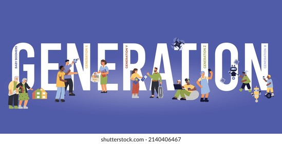 Generation composition with flat text and characters of different generations with editable text captions for each vector illustration