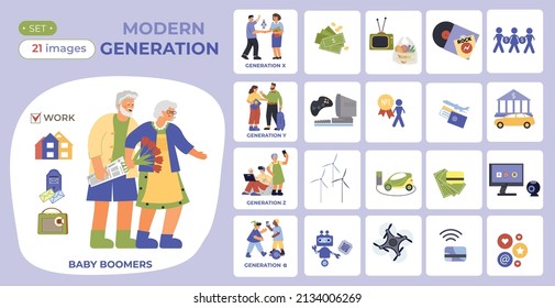 Generation composition set with flat isolated icons of different generations baby boomers millenials and gen z vector illustration