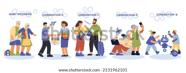Generation\
composition with set of isolated human characters belonging to baby\
boomers x y and z vector\
illustration