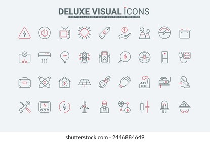 Generation and consumption of electric energy thin black and red line icons set vector illustration. Outline home appliances and tools of electrician symbols, green renewable and alternative sources