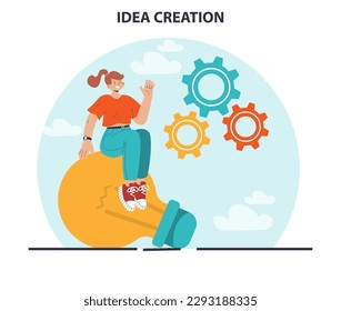 Generation of a creative idea or business solution in a brainstorm. Inspiration and imagination. Start up or new project development. Light bulb as metaphor. Flat vector illustration