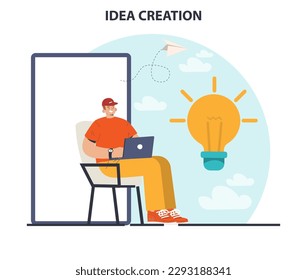 Generation of a creative idea or business solution in a brainstorm. Inspiration and imagination. Start up or new project development. Light bulb as metaphor. Flat vector illustration