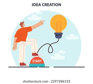 Generation of a creative idea or business solution in a brainstorm. Inspiration and imagination. Start up or new project development. Light bulb as metaphor. Flat vector illustration