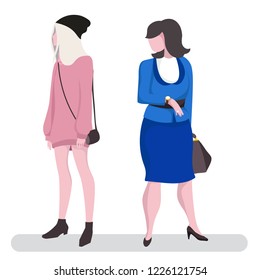 Generation difference concept vector isolsted illustration. Two women, outdated middle aged woman looks at young modern girl in calling outfit.