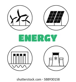 Generation energy types. Power plant icons vector set eps110