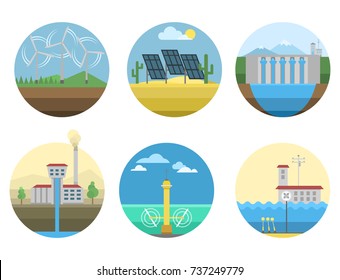 Generation energy types power plant icons vector renewable alternative solar wave illustration