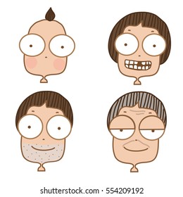 Generation of face men from infants to seniors on white background,cute cartoon.
