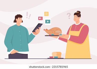 Generation gap, boomers vs generation z concept vector illustration. Cartoon young man holding smartphone with creative icons of mobile apps, elderly woman with food tray, family conflict of interest