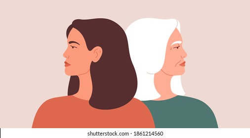 Generation gap concept. A young woman and mature female look away from each other during conflict or disagreement. Women have their backs on one another. Vector illustration