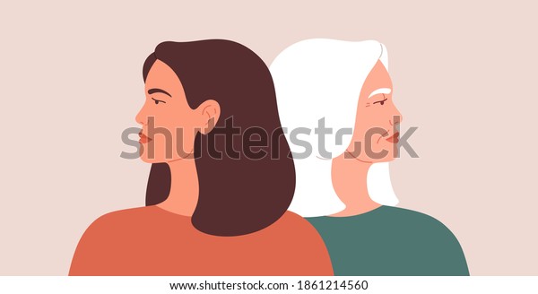 Generation gap concept.\
A young woman and mature female look away from each other during\
conflict or disagreement. Women have their backs on one another.\
Vector illustration