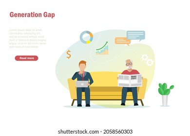 Generation Gap, Father And Son Lifestyle Different In Technology Concept. Senior Man Reading Newspaper, Businessman Son Reading News On Digital Tablet.