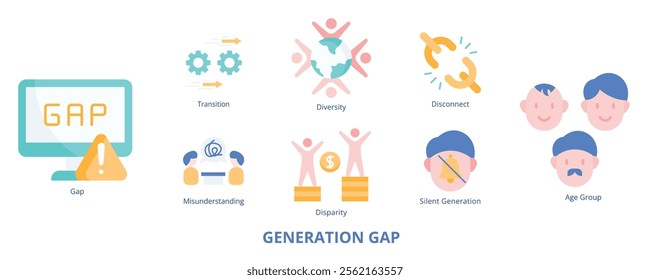 Generation Gap Flat Banner Web Icon Set Vector Illustration