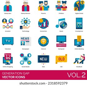 Generation Gap Icons including Adult Man, Woman, Age, Barrier, Group, Segregation, Ancestor, Attitude, Boomers, Communication, Behavior, Boy, Career Choice, Children, Competition, Computer, Conflict