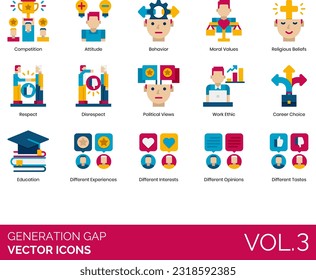 Generation Gap Icons including Adult Man, Woman, Age, Barrier, Group, Segregation, Ancestor, Attitude, Boomers, Communication, Behavior, Boy, Career Choice, Children, Competition, Computer, Conflict