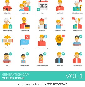 Generation Gap Icons Including generation, family, people, adult, young, gap, concept, communication, illustration, cartoon, man, age, child, person, vector, old, son
