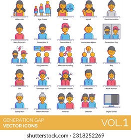 Generation Gap Icons Including generation, gap, family, people, adult, young, concept, man, old, cartoon, person, communication, illustration, child, age, vector, senior, parent, relationship