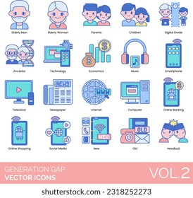Generation Gap Icons Including generation, family, people, adult, young, gap, concept, communication, illustration, cartoon, man, age, child, person, vector, old, son