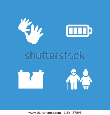 Generation icon. collection of 4 generation filled icons such as battery, broken battery, baby hands. editable generation icons for web and mobile.