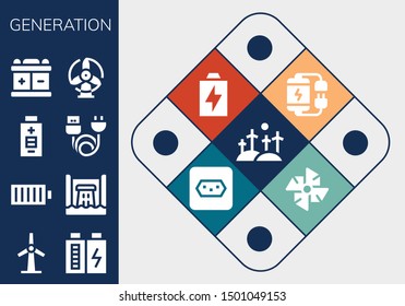 generation icon set. 13 filled generation icons.  Simple modern icons about  - Windmill, Battery, Full battery, Hydro power, Charge, Socket