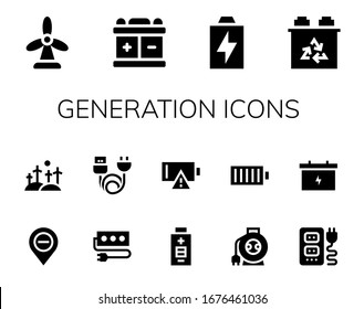 generation icon set. 14 filled generation icons.  Simple modern icons such as: Windmill, Battery, Diminish, Socket, Charge, Empty battery, Wire, Full battery