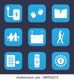 generation icon. Set of 9 filled generation icons such as baby hands, battery, broken battery, solar panel, sun battery, caveman